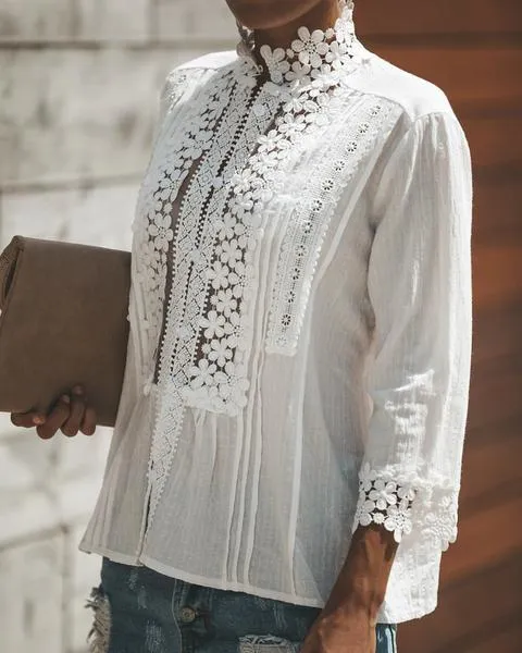 Plus Size Sweet Crochet Lace Button Up Shirt Top