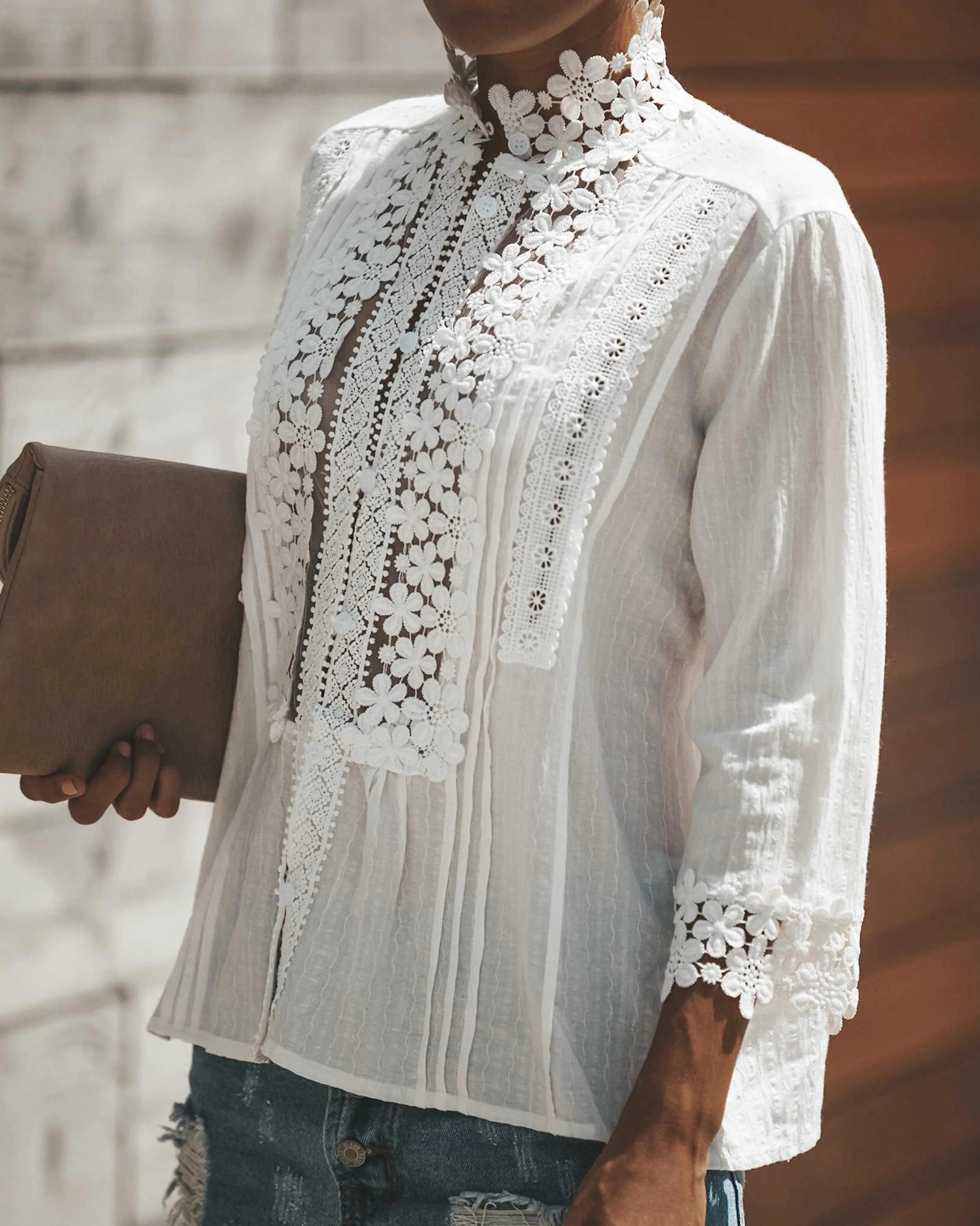 Plus Size Sweet Crochet Lace Button Up Shirt Top