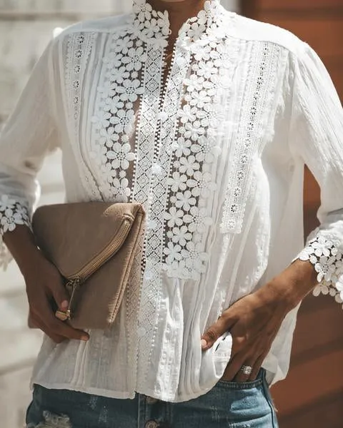 Plus Size Sweet Crochet Lace Button Up Shirt Top