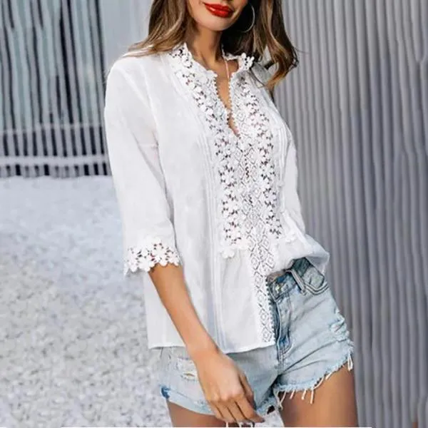 Plus Size Sweet Crochet Lace Button Up Shirt Top