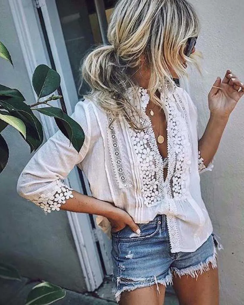 Plus Size Sweet Crochet Lace Button Up Shirt Top