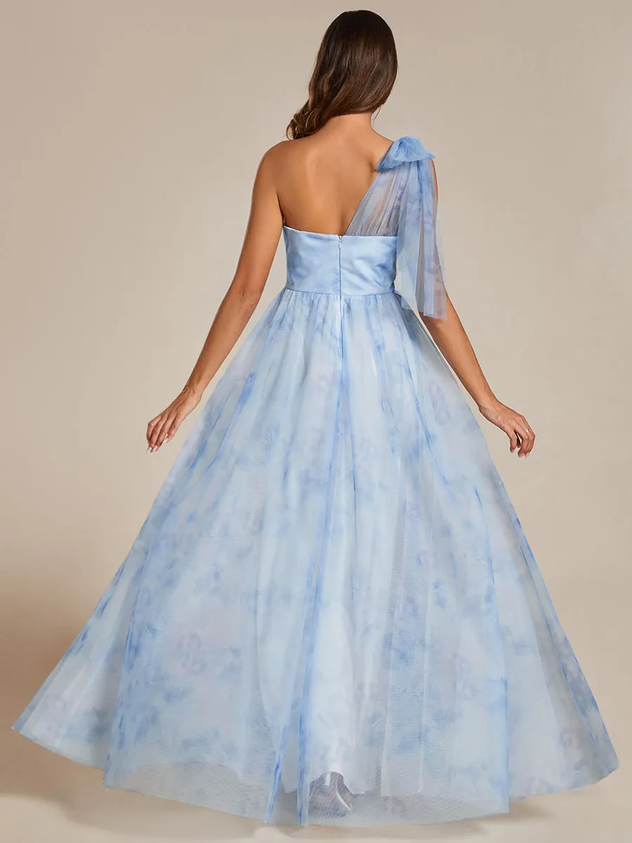 Printed Bowknot Empire Waist Strapless Formal Evening Dress