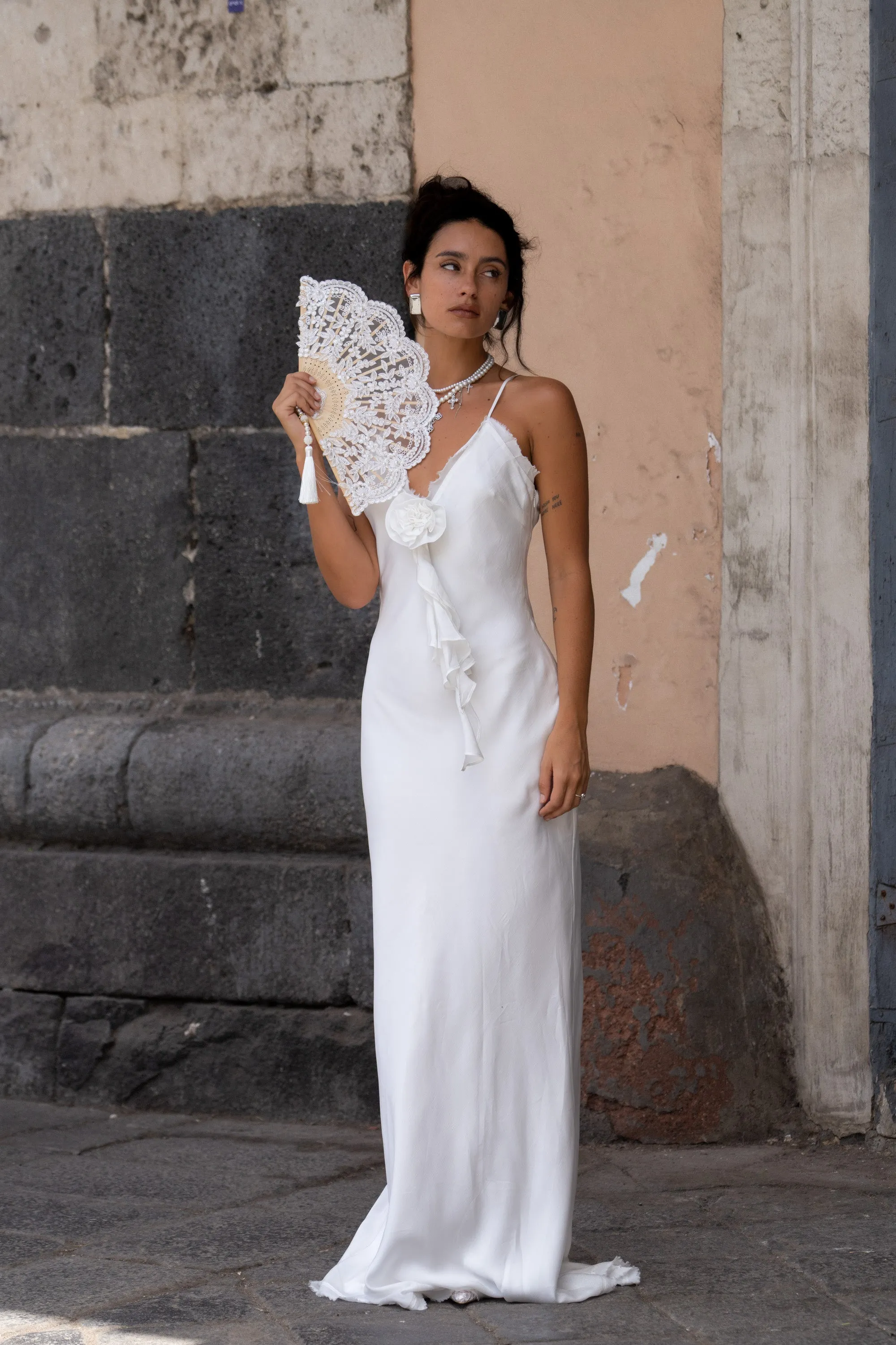 Prosecco White Rosette Frill Maxi Dress