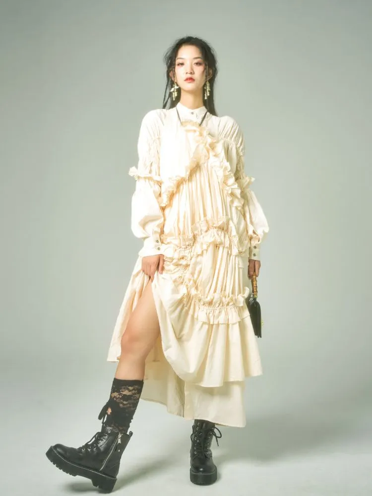 Ruffled shirring long dress【s0000001464】