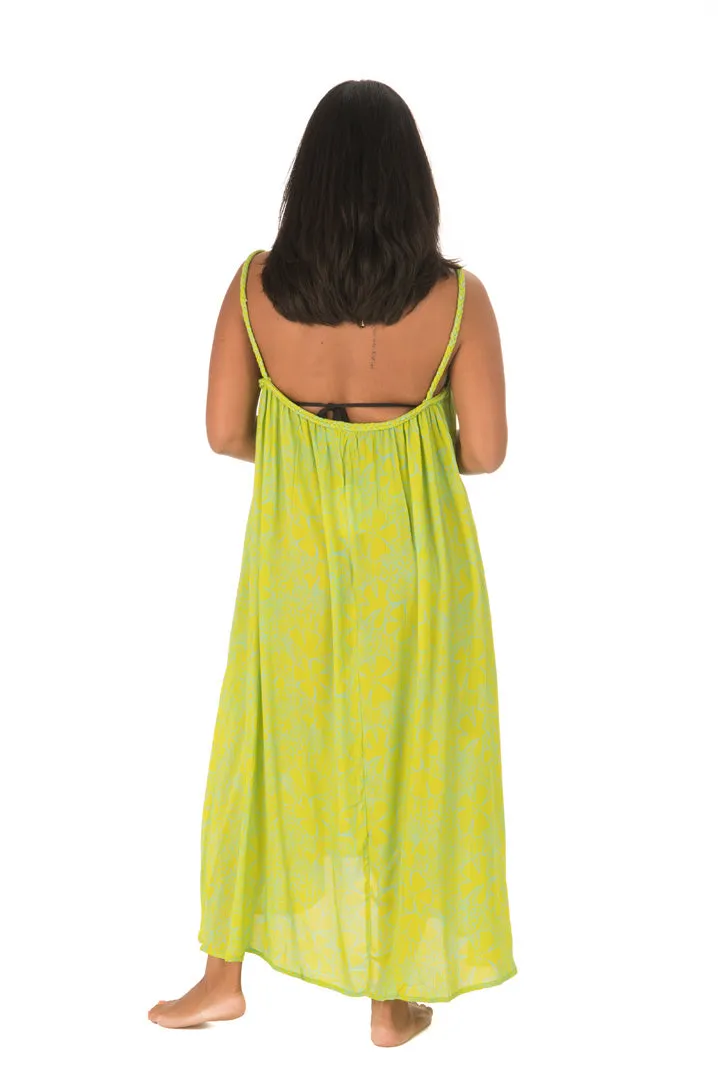 Spaghetti Strap Dress - Green Plumeria