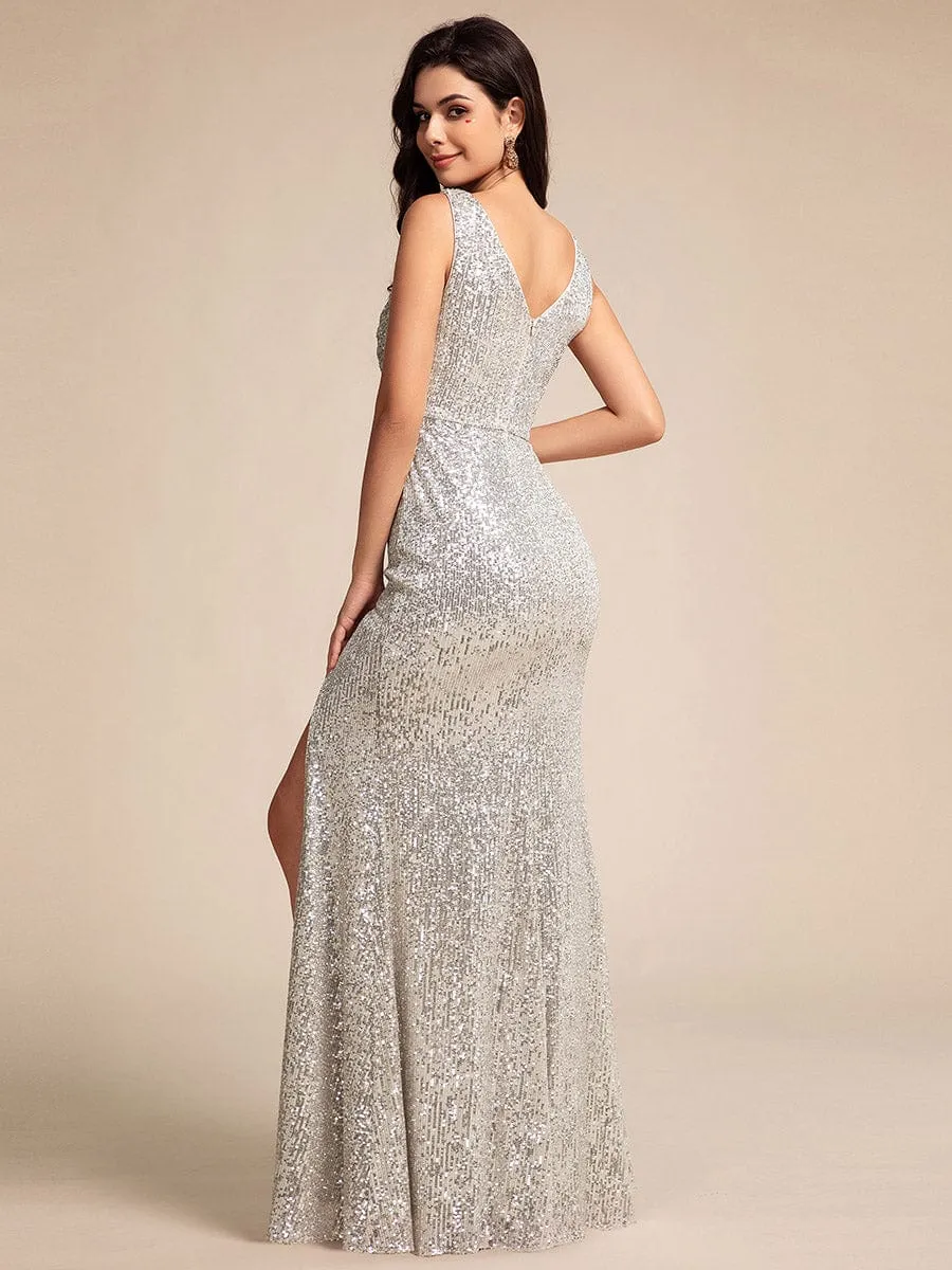 Sparkly Sequin Front High Slit U-Neck Sleeveless Formal Evening Dress