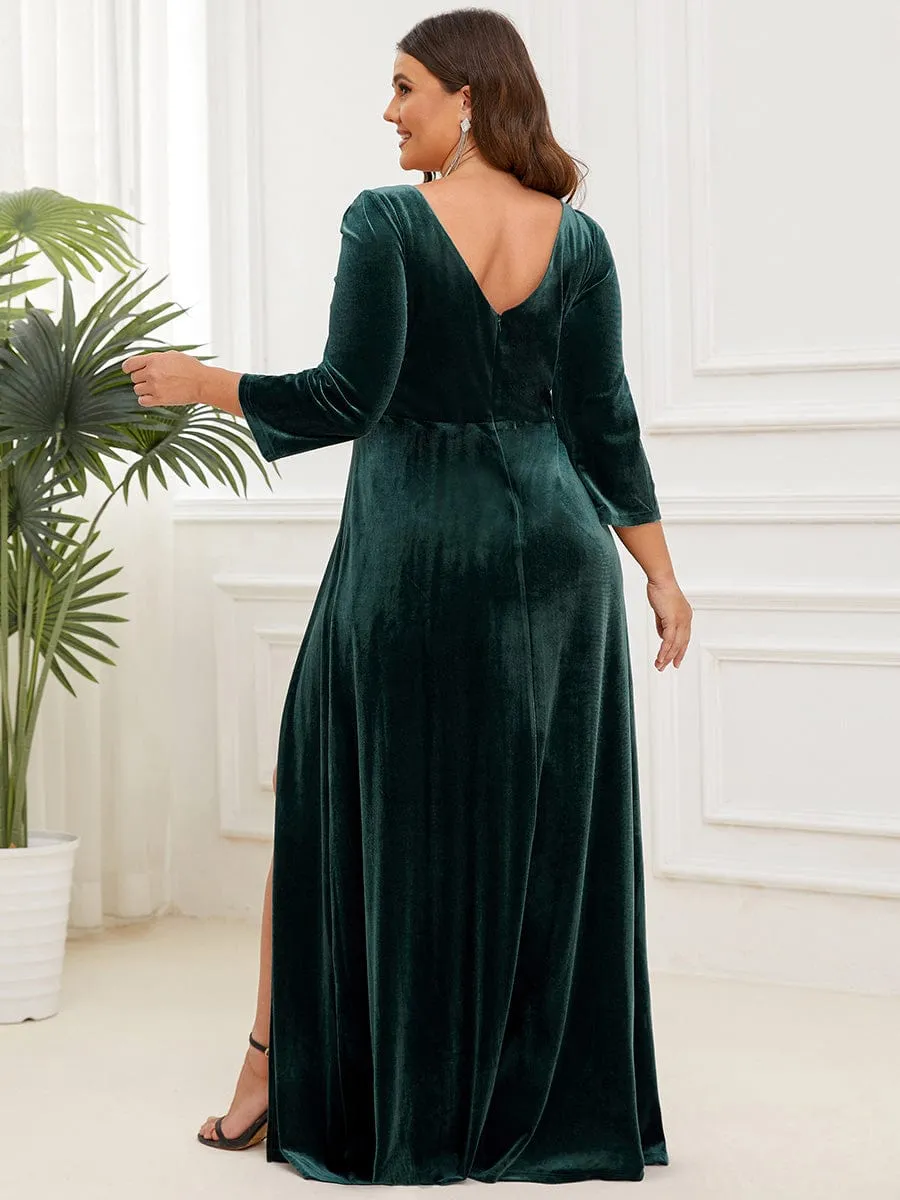 Velvet 3/4 Length Sleeve Illusion V-Neck Front Slit Evening Dress