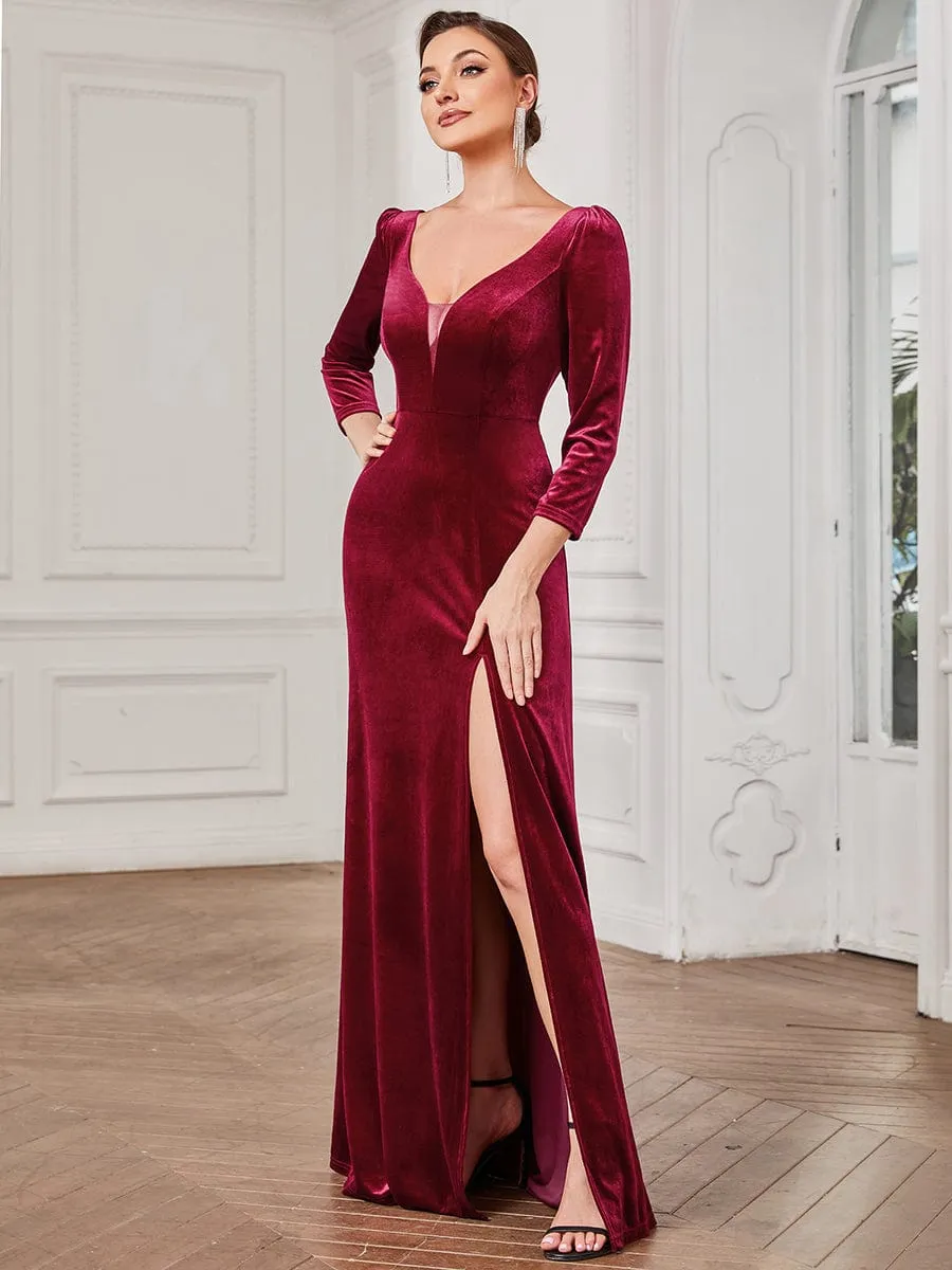 Velvet 3/4 Length Sleeve Illusion V-Neck Front Slit Evening Dress