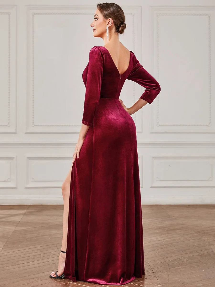 Velvet 3/4 Length Sleeve Illusion V-Neck Front Slit Evening Dress