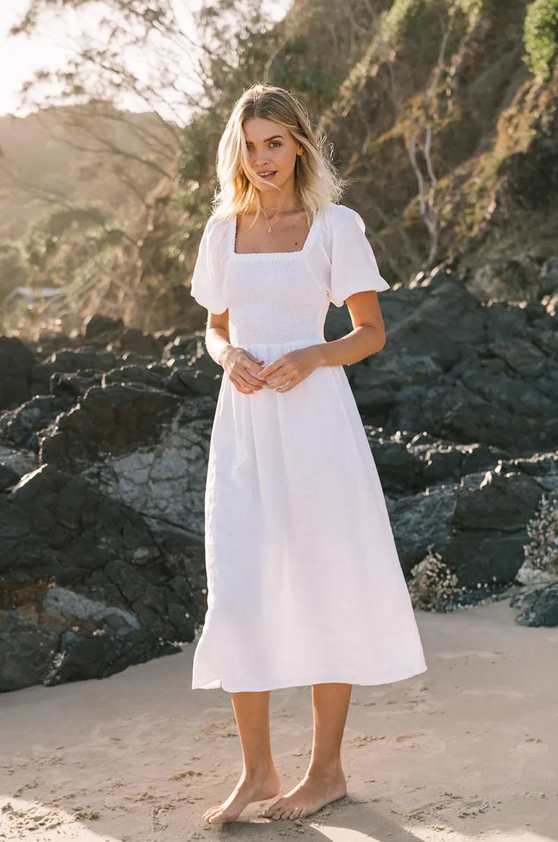 VOYAGE Midi Dress - white linen